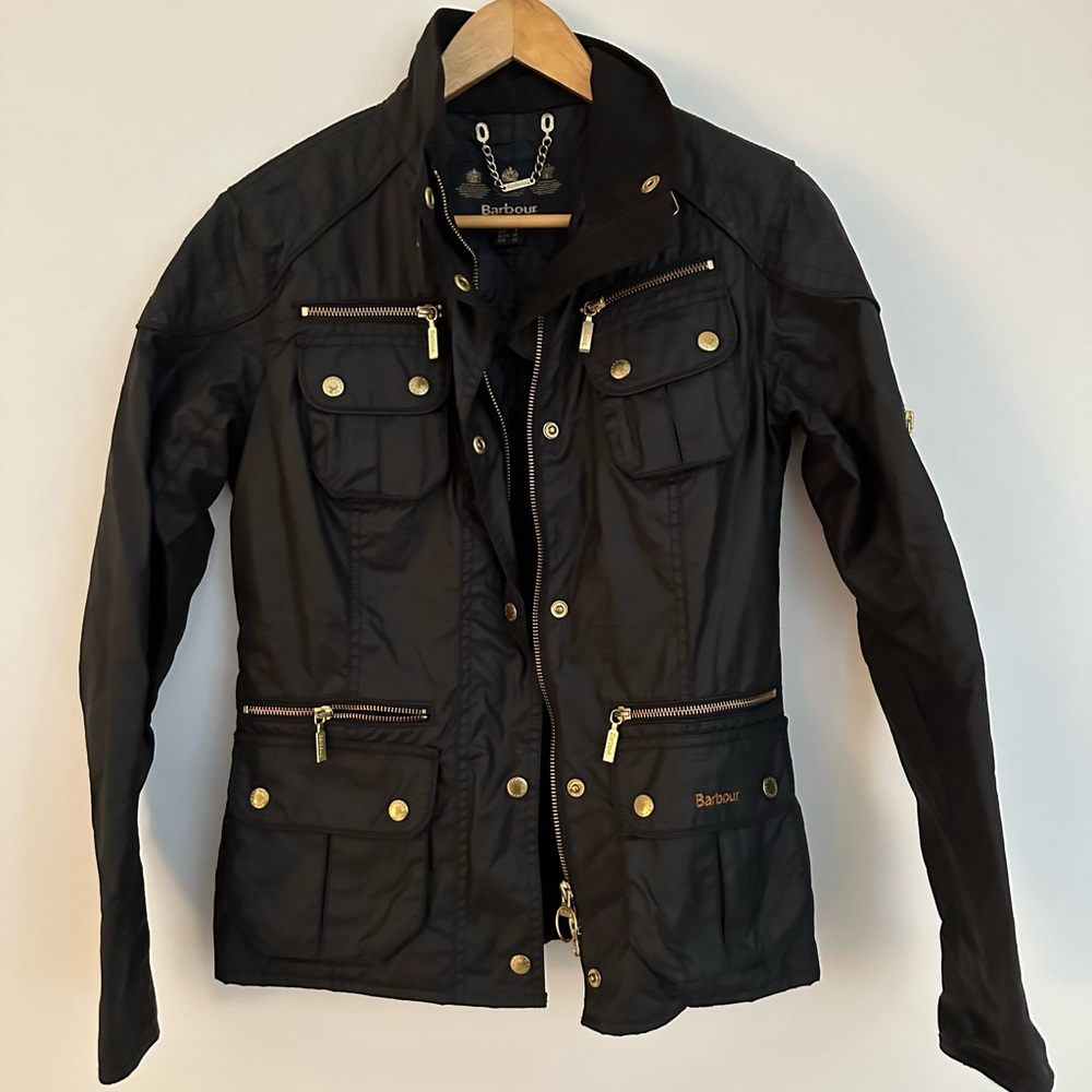 Barbour Jacket, Black w/ Gold Accents 6 (Small, S)